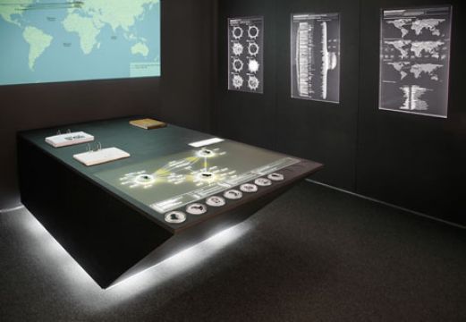Interaktiver Tisch der ImpulsBauhaus-Ausstellung N°1 mit projizierter Weltkarte und Informationsgrafiken an der Wand