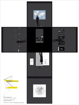 Raumkonzept der ImpulsBauhaus-Ausstellung N°1: abgewickelter Grundriss des white.cube.09 mit Weltkarte, interaktivem Tisch und Archiven an den Wänden